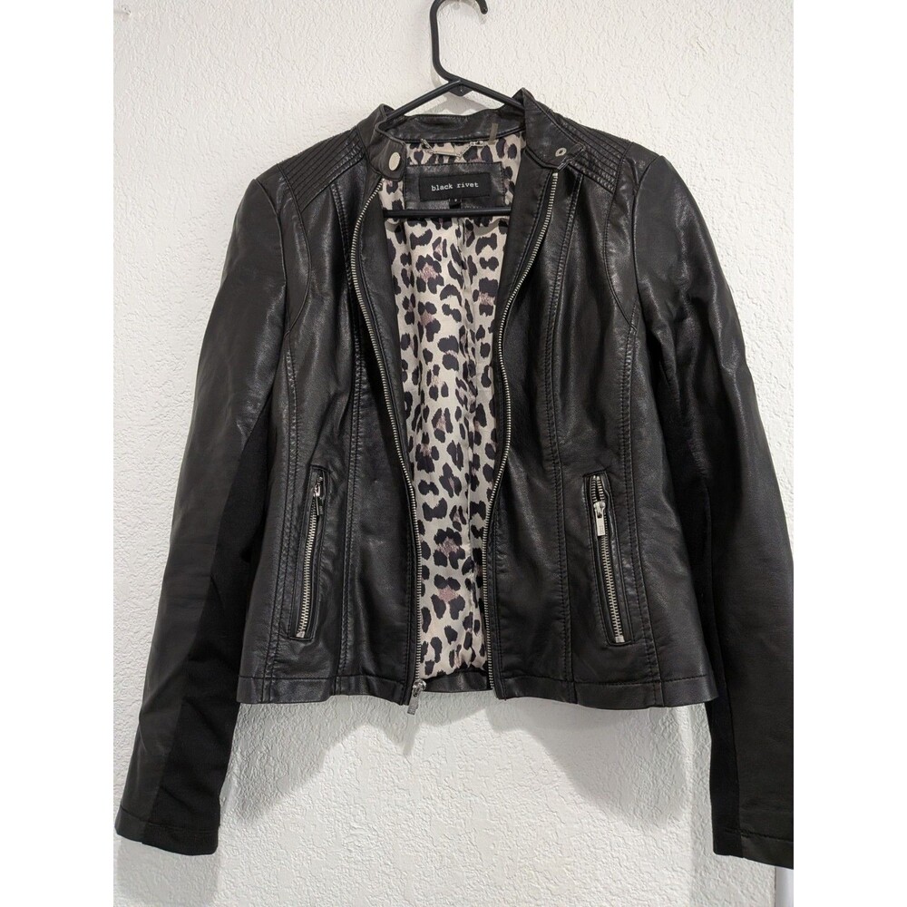Black Rivet Womens Black Faux Leather Moto Biker Jacket Leopard Lining Sz S